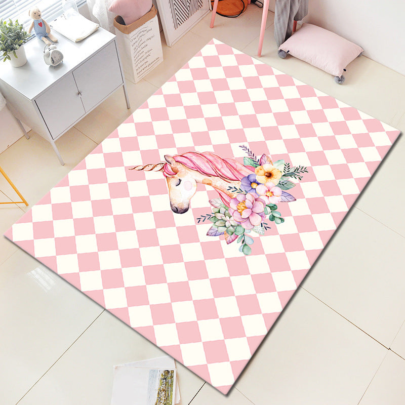 Nordic Girls Bedroom Rug Multi-Colored Unicorn and Flower Print Rug Polypropylene Pet Friendly Stain Resistant Non-Slip Indoor Rug Pink Clearhalo 'Area Rug' 'Rug' 2106138