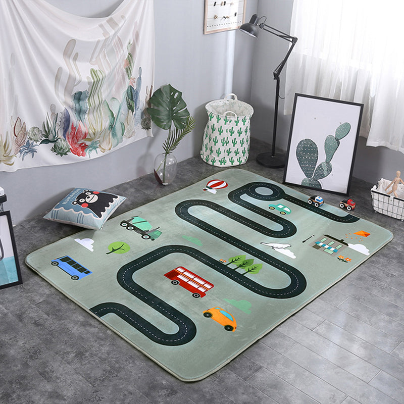 Multicolor Living Room Play Rug Cartoon City Road Animal Carpet Polypropylene Stain Resistant Washable Anti-Slip Backing Rug Green 4'9