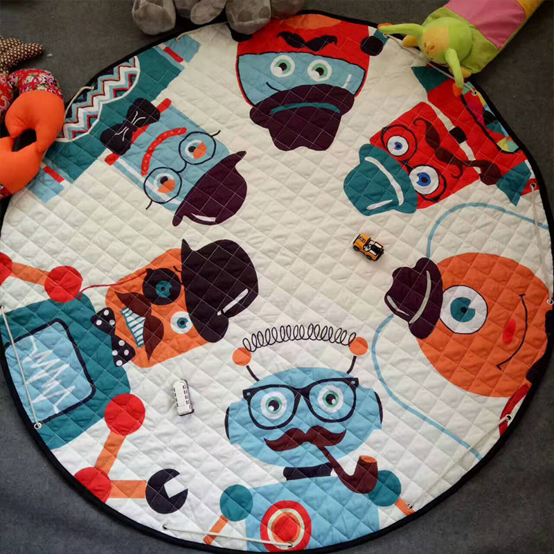 Multicolor Childrens Art Rug Cotton Cartoon Quilted Rug Easy Care Play Rug for Nursery White 4'9