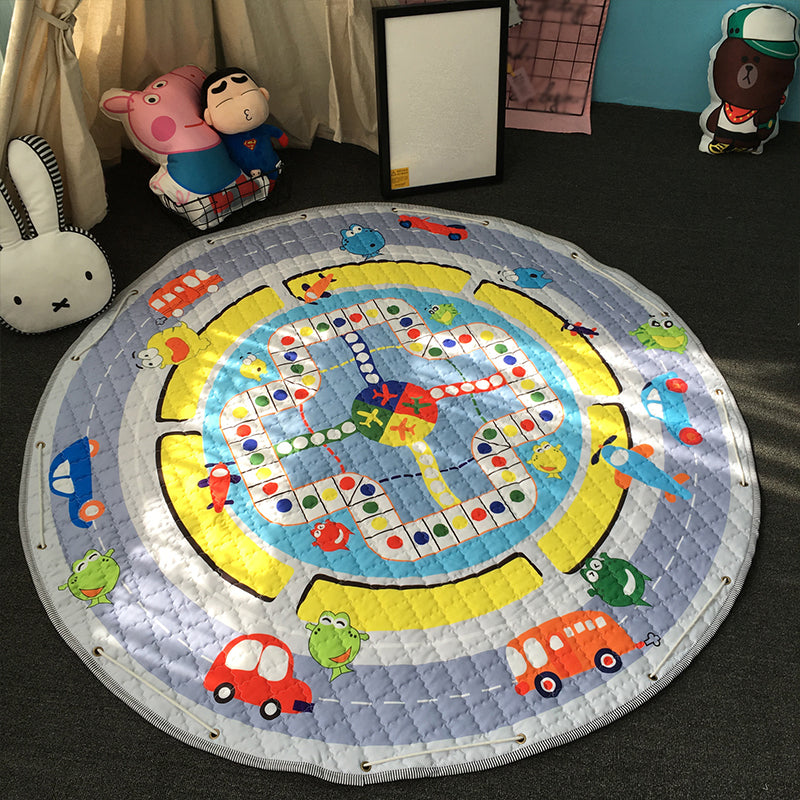 Multicolor Childrens Art Rug Cotton Cartoon Quilted Rug Easy Care Play Rug for Nursery Blue 4'9