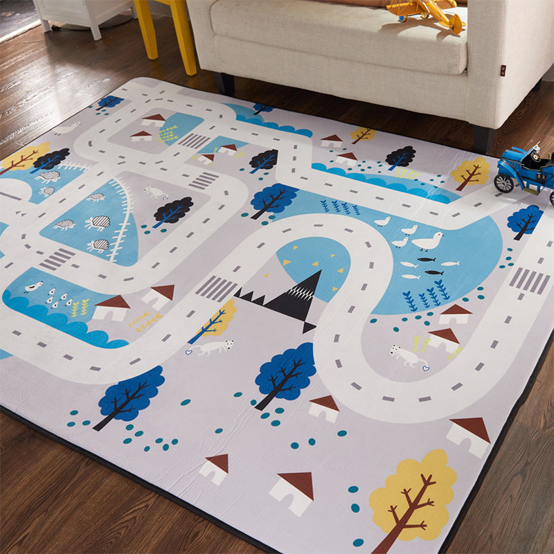 Educational Road Map Rug Grey Kids Style Carpet Polypropylene Stain Resistant Washable Anti-Slip Backing Rug for Bedroom Grey 4'11