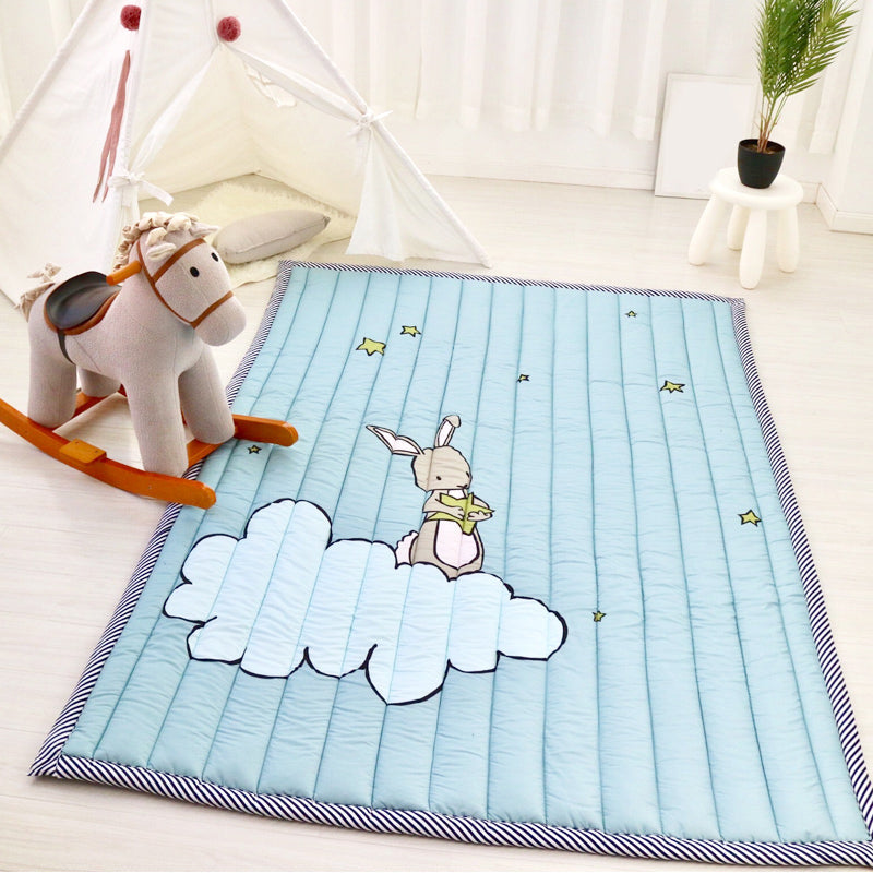 Minimalist Nursery Padded Rug Pastel Color Cartoon Carpet Cotton Easy Care Indoor Rug Blue 4'7