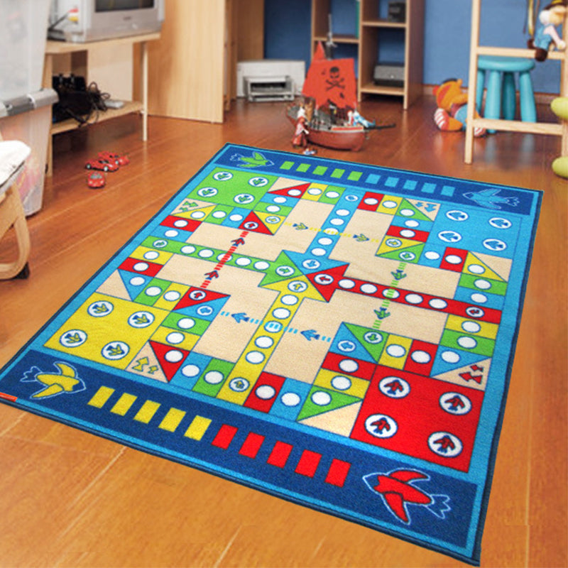 Playable Kids Rug Blue Aeroplane Chess Game Rug Non-Slip Backing Pet Friendly Stain Resistant Carpet for Kindergarten Clearhalo 'Area Rug' 'Rug' 2106519