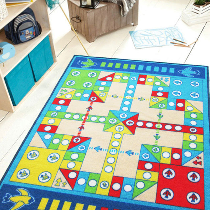 Playable Kids Rug Blue Aeroplane Chess Game Rug Non-Slip Backing Pet Friendly Stain Resistant Carpet for Kindergarten Clearhalo 'Area Rug' 'Rug' 2106520