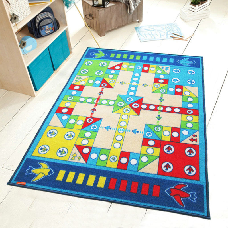 Playable Kids Rug Blue Aeroplane Chess Game Rug Non-Slip Backing Pet Friendly Stain Resistant Carpet for Kindergarten Blue 3'3
