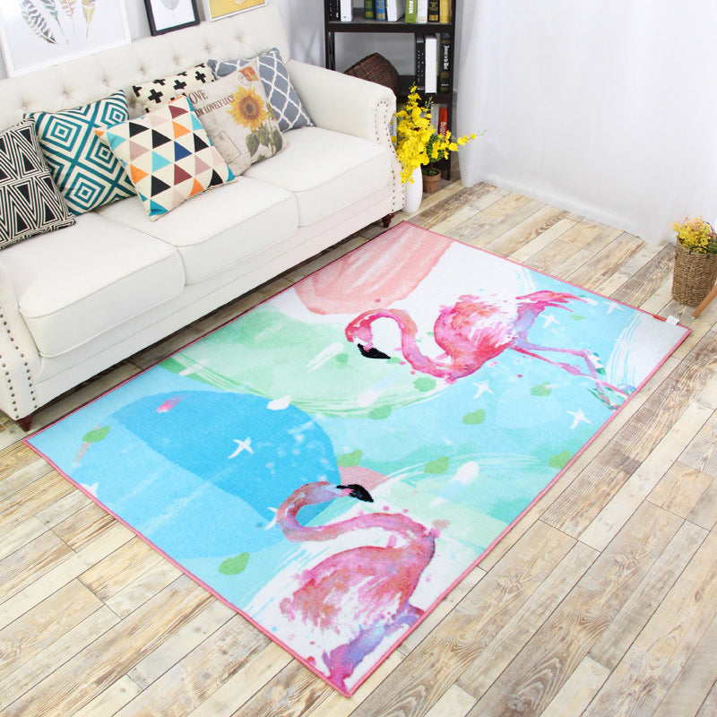 Decorative Childrens Art Rug Multi-Color Flamingo Drawing Rug Non-Slip Backing Pet Friendly Machine Washable Rug for Room Blue 4'4