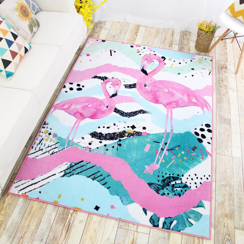 Decorative Childrens Art Rug Multi-Color Flamingo Drawing Rug Non-Slip Backing Pet Friendly Machine Washable Rug for Room Pink 4'4