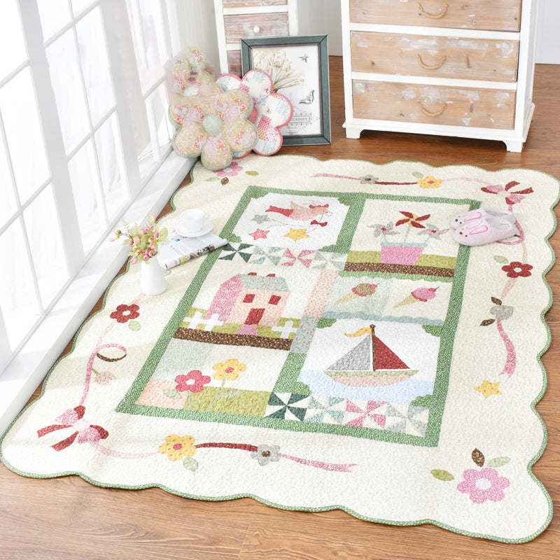 Childly Cartoon Rug Multi Colored Still Life Pattern Rug Machine Wash Carpet with Scalloped Trim Green 6'7