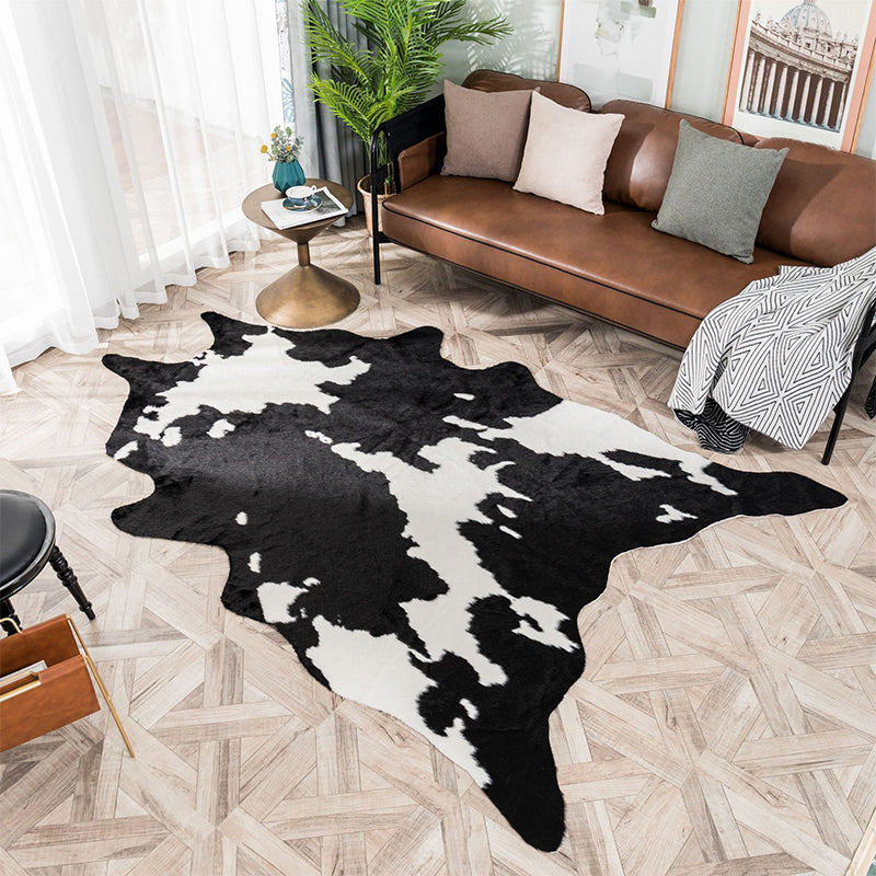 Shaggy Cow Skin Area Rug Black and White Contemporary Rug Polyester Non-Slip Washable Pet Friendly Carpet for Home Black-White 2'7