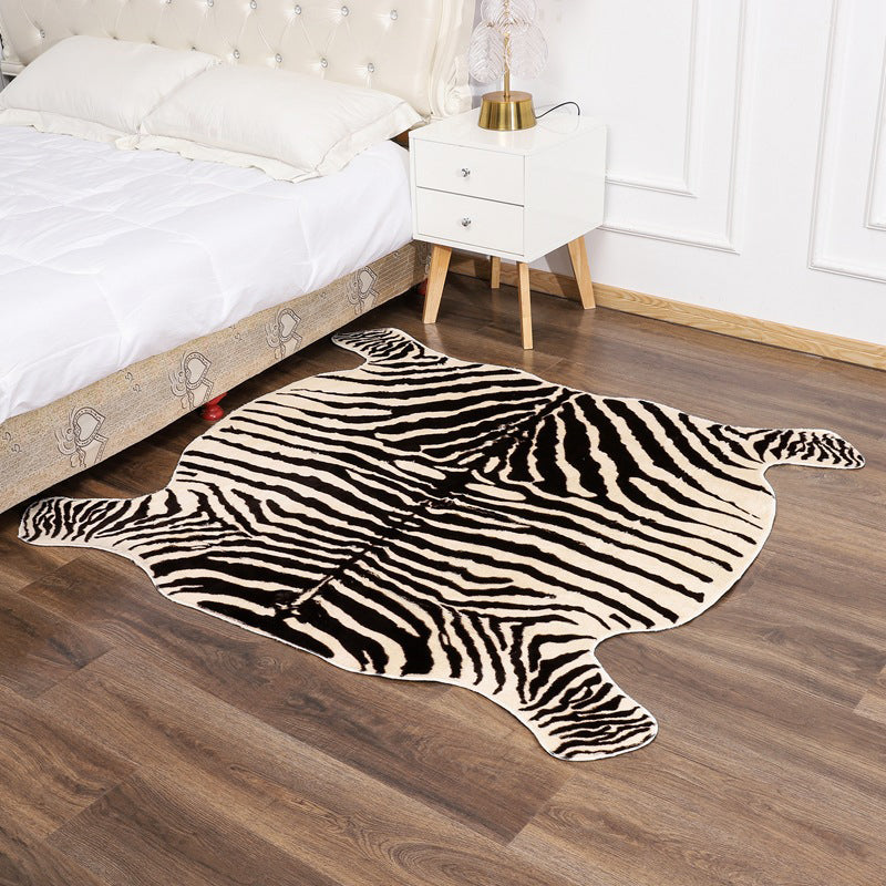 Irregular Shape Zebra Printed Rug Black Modernist Rug Polyester Washable Anti-Slip Backing Pet Friendly Carpet for Room Black 4'3