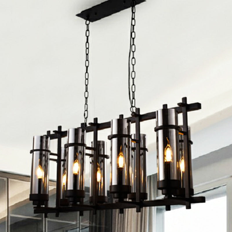 Smoked Glass Black Pendant Lamp Cylinder 8-Light Industrial Chandelier Light Fixture Black Clearhalo 'Ceiling Lights' 'Chandeliers' 'Glass shade' 'Glass' 'Industrial Chandeliers' 'Industrial' 'Middle Century Chandeliers' 'Tiffany' Lighting' 210699