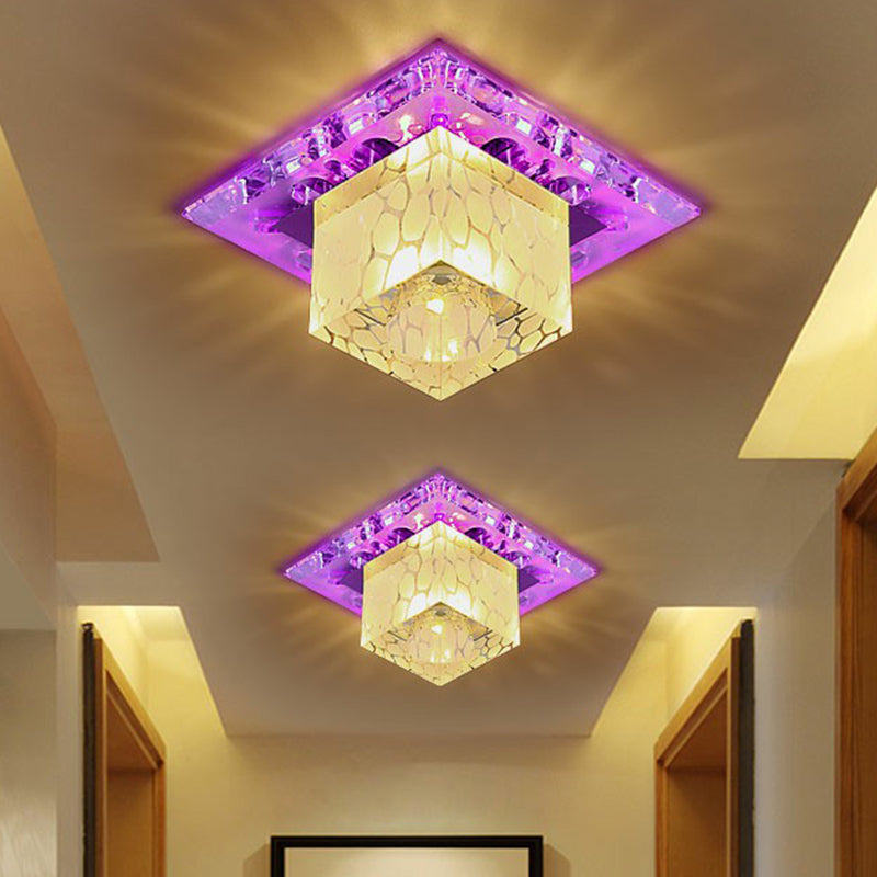 Crystal Cube LED Flush Mount Modern Flushmount Ceiling Light in Clear for Entryway Clear 3w Purple Clearhalo 'Ceiling Lights' 'Close To Ceiling Lights' 'Close to ceiling' 'Flush mount' Lighting' 2107325