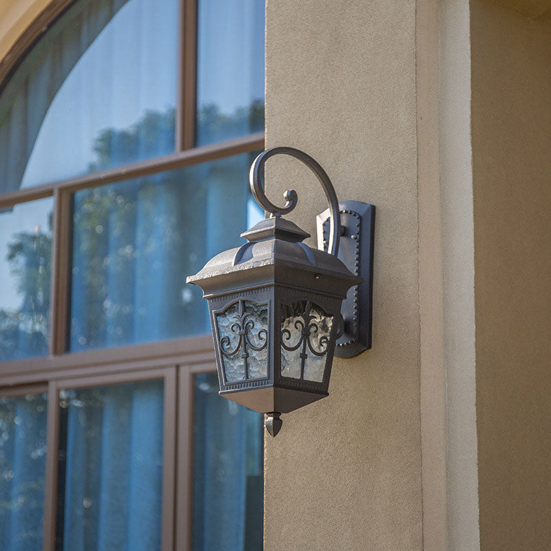 Tapered Shade Ripple Glass Wall Lantern Rustic 1-Light Courtyard Wall Light Fixture Black Clearhalo 'Wall Lamps & Sconces' 'Wall Lights' Lighting' 2107874