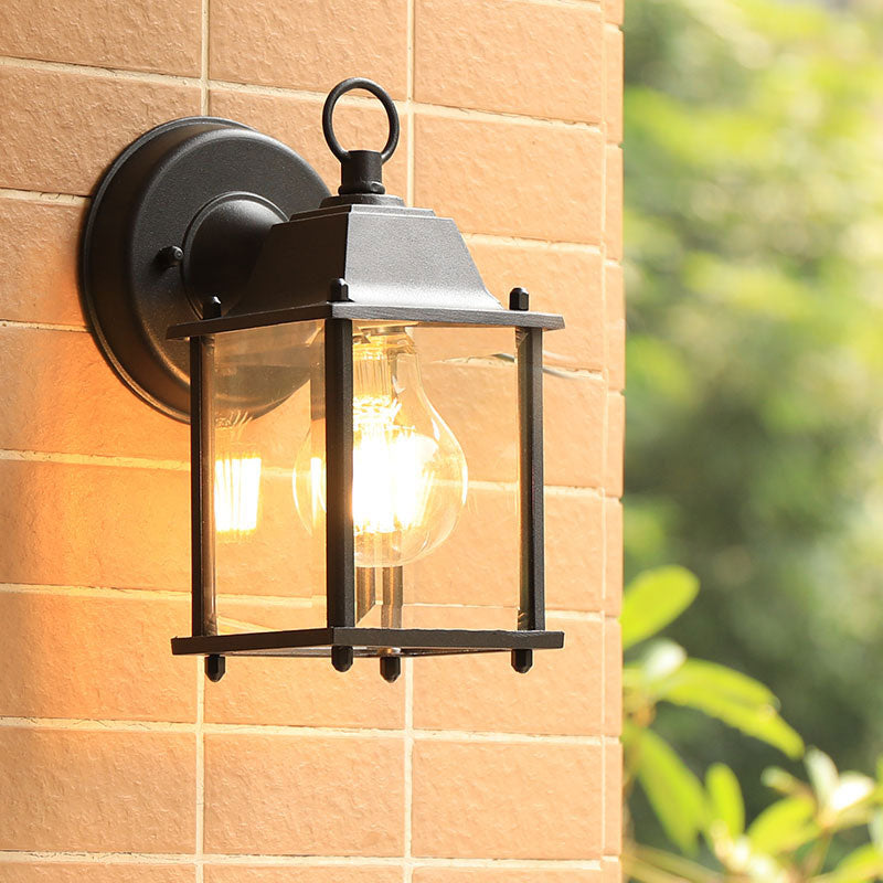 Glass Rectangle Shade Wall Sconce Rustic 1 Bulb Courtyard Wall Light Fixture in Black Black 9