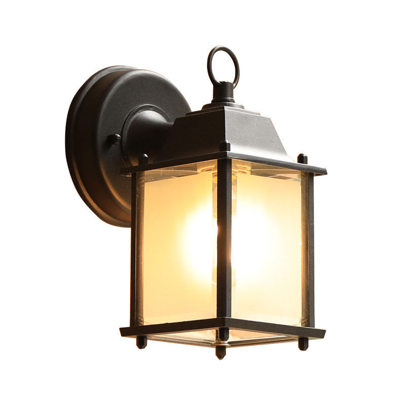 Glass Rectangle Shade Wall Sconce Rustic 1 Bulb Courtyard Wall Light Fixture in Black Black 9