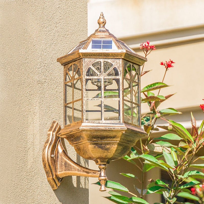 Metallic House Shaped LED Wall Sconce Traditional Outdoor Solar Wall Light Fixture with Clear Glass Shade Bronze Solar Clearhalo 'Wall Lamps & Sconces' 'Wall Lights' Lighting' 2107944