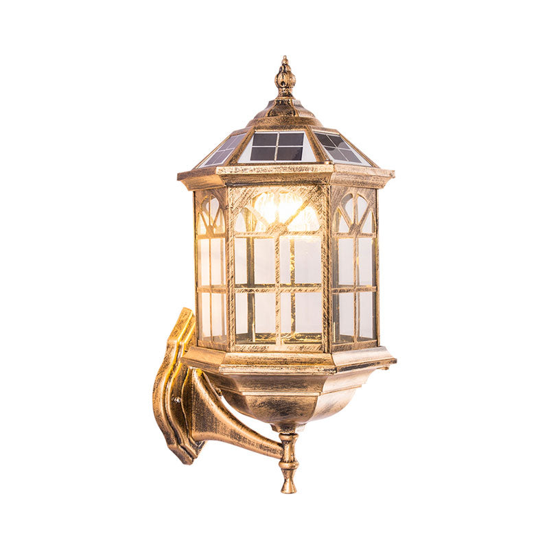 Metallic House Shaped LED Wall Sconce Traditional Outdoor Solar Wall Light Fixture with Clear Glass Shade Clearhalo 'Wall Lamps & Sconces' 'Wall Lights' Lighting' 2107947