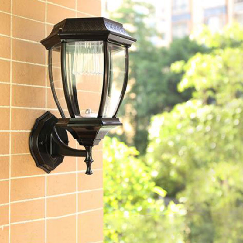 Vintage House Shaped Solar Wall Light Metallic LED Wall Mounted Lamp with Glass Shade for Outdoor Black Solar A Clearhalo 'Wall Lamps & Sconces' 'Wall Lights' Lighting' 2107966