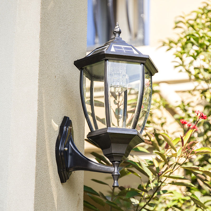 Bell Shaped Clear Glass Solar Wall Mount Light Retro Courtyard LED Wall Lighting Fixture Black Solar Clearhalo 'Wall Lamps & Sconces' 'Wall Lights' Lighting' 2107971