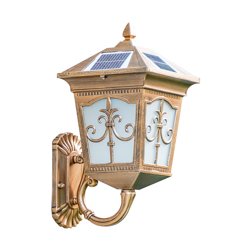 House Shaped Metallic Solar Wall Light Vintage Courtyard LED Wall Mounted Lamp with Frost Glass Shade Clearhalo 'Wall Lamps & Sconces' 'Wall Lights' Lighting' 2108017