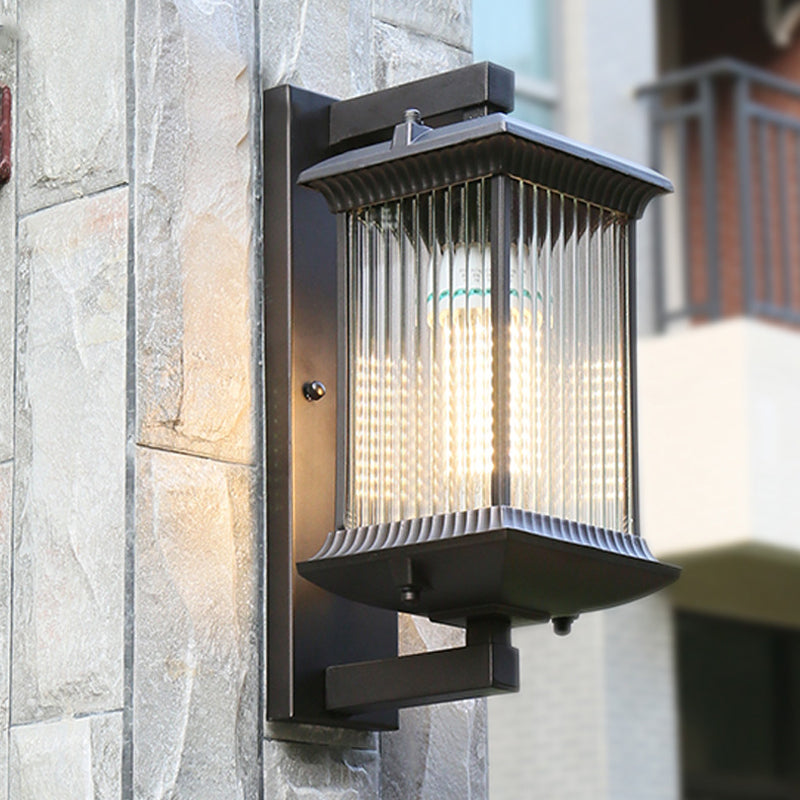 Rectangular Ribbed Glass Wall Lamp Rustic 1 Bulb Courtyard Wall Light Fixture in Coffee Clearhalo 'Wall Lamps & Sconces' 'Wall Lights' Lighting' 2108107