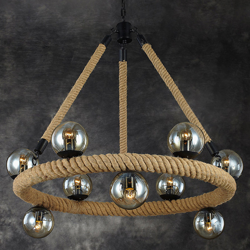 Beige 9 Lights Chandelier Light Fixture Industrial Rope Spherical Pendant Lamp for Dining Room with Glass Shade Beige Clearhalo 'Ceiling Lights' 'Chandeliers' 'Industrial Chandeliers' 'Industrial' 'Middle Century Chandeliers' 'Tiffany' Lighting' 210821