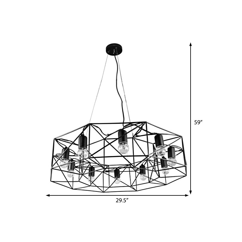 Black Geometric Pendant Lighting Farmhouse Clear Glass 10-Light Living Room Chandelier with Cage Clearhalo 'Cast Iron' 'Ceiling Lights' 'Chandeliers' 'Industrial Chandeliers' 'Industrial' 'Metal' 'Middle Century Chandeliers' 'Rustic Chandeliers' 'Tiffany' Lighting' 210884