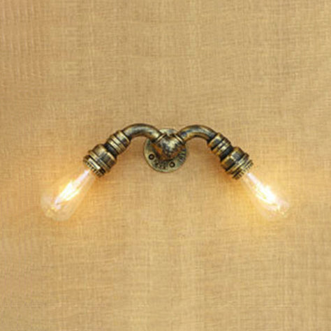 2 Heads Wall Sconce Light with Water Pipe Wrought Iron Industrial Restaurant Wall Lighting in Bronze/Antique Brass Antique Brass Clearhalo 'Art deco wall lights' 'Cast Iron' 'Glass' 'Industrial wall lights' 'Industrial' 'Middle century wall lights' 'Modern' 'Rustic wall lights' 'Tiffany' 'Traditional wall lights' 'Wall Lamps & Sconces' 'Wall Lights' Lighting' 21091