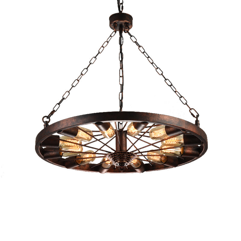 Metal Rust Pendant Lamp Wheel 12-Light Industrial Chandelier Light Fixture with Chain Clearhalo 'Cast Iron' 'Ceiling Lights' 'Chandeliers' 'Industrial Chandeliers' 'Industrial' 'Metal' 'Middle Century Chandeliers' 'Rustic Chandeliers' 'Tiffany' Lighting' 210923