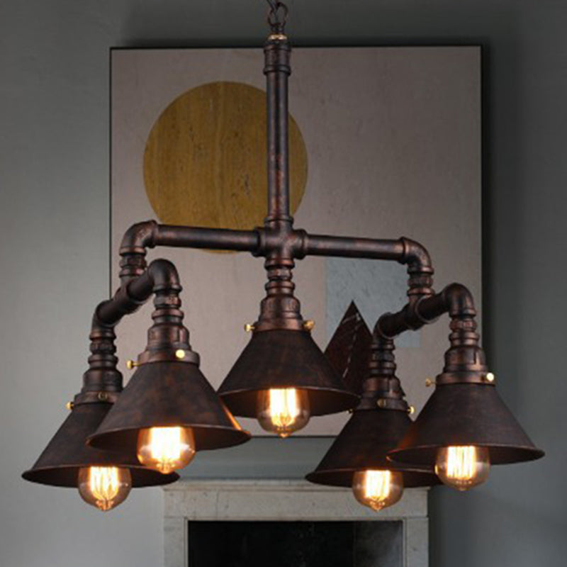 5-Bulb Ceiling Lamp with Cone Shade Metal Industrial Dining Room Chandelier Pendant Light in Rust Rust Clearhalo 'Cast Iron' 'Ceiling Lights' 'Chandeliers' 'Industrial Chandeliers' 'Industrial' 'Metal' 'Middle Century Chandeliers' 'Rustic Chandeliers' 'Tiffany' Lighting' 210943