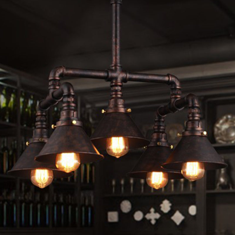 5-Bulb Ceiling Lamp with Cone Shade Metal Industrial Dining Room Chandelier Pendant Light in Rust Clearhalo 'Cast Iron' 'Ceiling Lights' 'Chandeliers' 'Industrial Chandeliers' 'Industrial' 'Metal' 'Middle Century Chandeliers' 'Rustic Chandeliers' 'Tiffany' Lighting' 210944