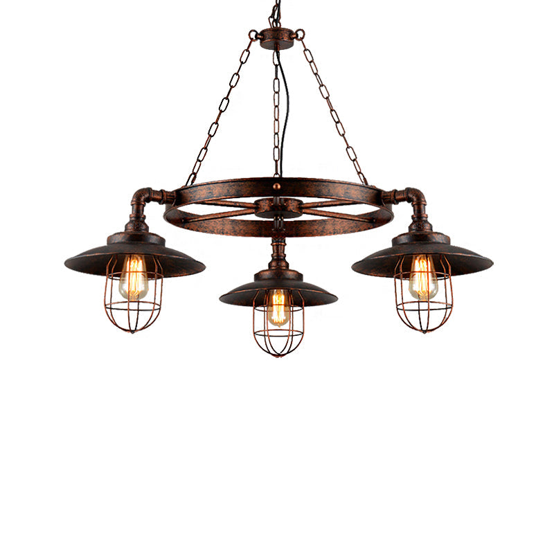 3-Light Metal Hanging Chandelier Industrial Weathered Copper Wagon Wheel Shade Kitchen Pendant Light with Cage Clearhalo 'Cast Iron' 'Ceiling Lights' 'Chandeliers' 'Industrial Chandeliers' 'Industrial' 'Metal' 'Middle Century Chandeliers' 'Rustic Chandeliers' 'Tiffany' Lighting' 210949