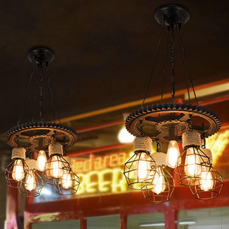 5 Lights Metal and Rope Pendant Chandelier Industrial Black Globe Dining Room Hanging Ceiling Fixture with Gear Shelf Clearhalo 'Cast Iron' 'Ceiling Lights' 'Chandeliers' 'Industrial Chandeliers' 'Industrial' 'Metal' 'Middle Century Chandeliers' 'Rustic Chandeliers' 'Tiffany' Lighting' 210984