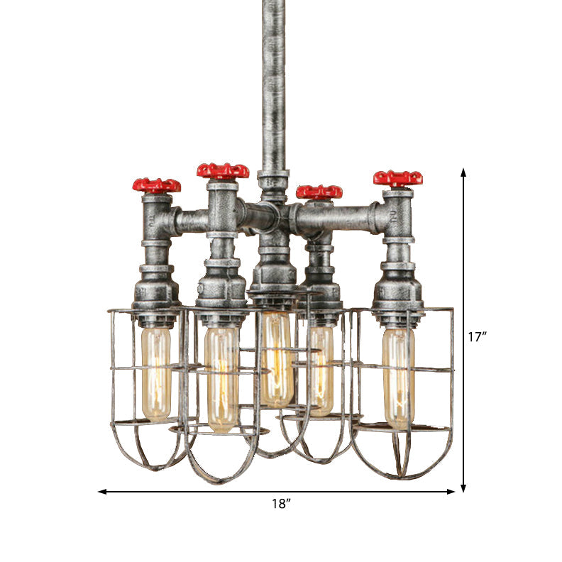 5 Lights Ceiling Light Industrial Caged Amber Glass Hanging Chandelier in Silver with Valve Clearhalo 'Cast Iron' 'Ceiling Lights' 'Chandeliers' 'Industrial Chandeliers' 'Industrial' 'Metal' 'Middle Century Chandeliers' 'Rustic Chandeliers' 'Tiffany' Lighting' 211054