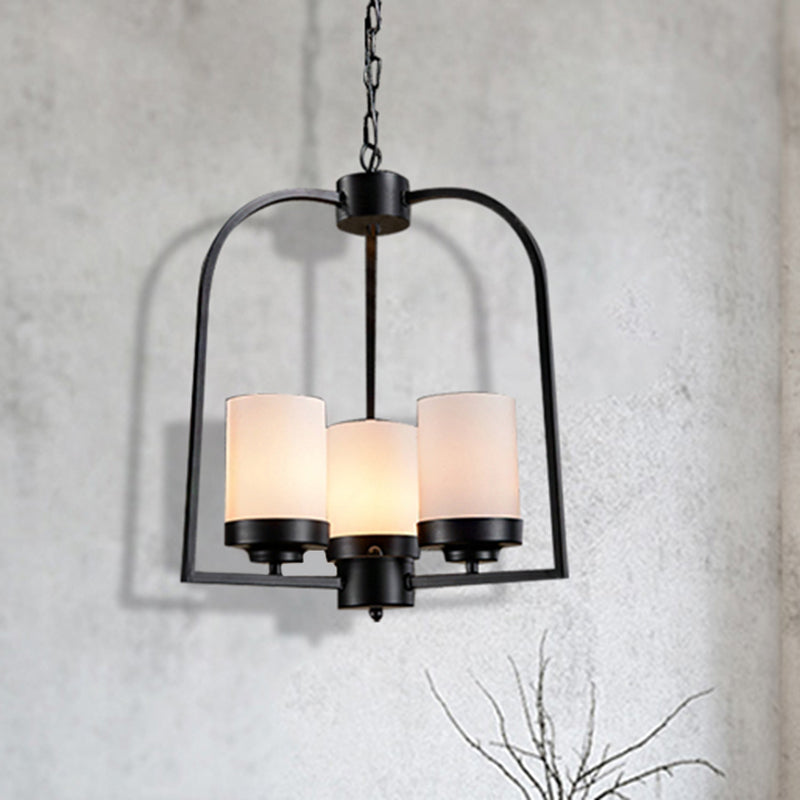 Matte Black Cylinder Chandelier Lamp Industrial Opal Glass 3 Light Dining Room Hanging Light Black Clearhalo 'Cast Iron' 'Ceiling Lights' 'Chandeliers' 'Industrial Chandeliers' 'Industrial' 'Metal' 'Middle Century Chandeliers' 'Rustic Chandeliers' 'Tiffany' Lighting' 211055