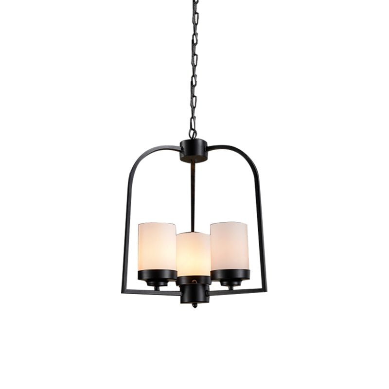 Matte Black Cylinder Chandelier Lamp Industrial Opal Glass 3 Light Dining Room Hanging Light Clearhalo 'Cast Iron' 'Ceiling Lights' 'Chandeliers' 'Industrial Chandeliers' 'Industrial' 'Metal' 'Middle Century Chandeliers' 'Rustic Chandeliers' 'Tiffany' Lighting' 211057