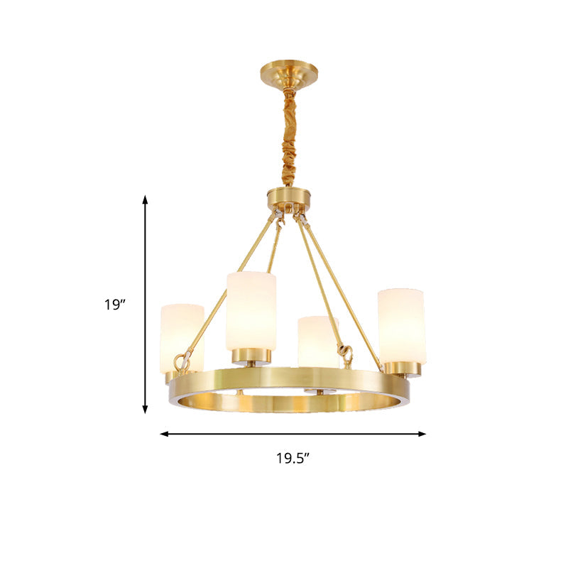 Wagon Wheel Frosted Glass Chandelier Light Classic 4/6 Lights Bedroom Pendant Lighting in Gold with Cylinder Shade Clearhalo 'Ceiling Lights' 'Chandeliers' Lighting' options 211221