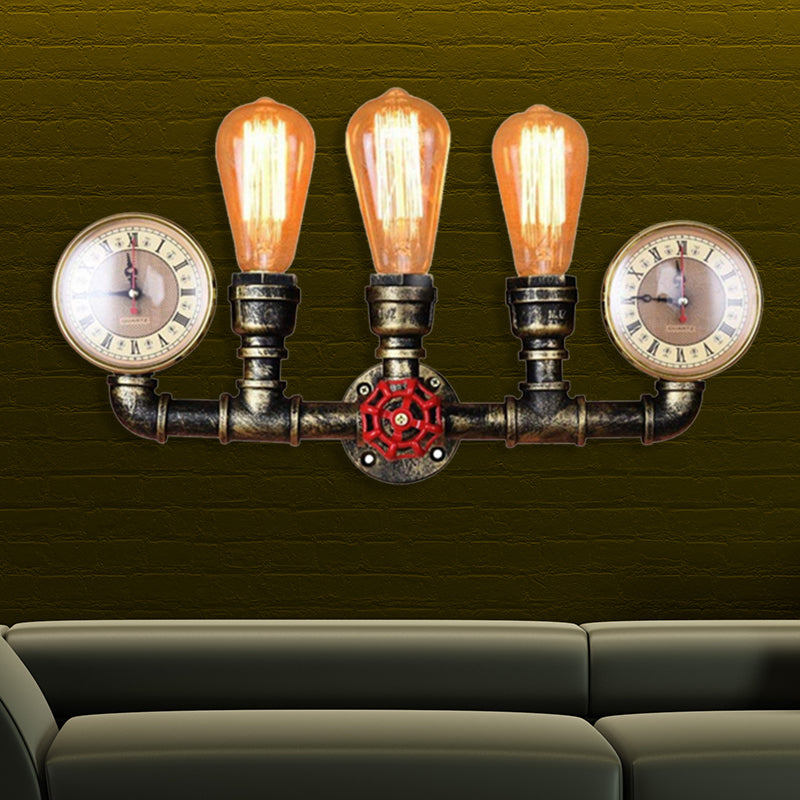 Armed Metal Sconce Lighting Industrial 3 Bulbs Indoor Wall Mounted Lamp with Pressure Gauge Clearhalo 'Art deco wall lights' 'Cast Iron' 'Glass' 'Industrial wall lights' 'Industrial' 'Middle century wall lights' 'Modern' 'Rustic wall lights' 'Tiffany' 'Traditional wall lights' 'Wall Lamps & Sconces' 'Wall Lights' Lighting' 211274