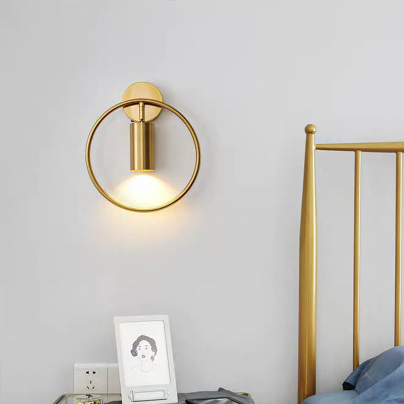 Metallic Cylindrical Wall Mount Light Postmodern 1 Head Wall Sconce Light with Halo Ring for Bedside Brass Clearhalo 'Cast Iron' 'Glass' 'Industrial' 'Modern wall lights' 'Modern' 'Tiffany' 'Traditional wall lights' 'Wall Lamps & Sconces' 'Wall Lights' Lighting' 2121505