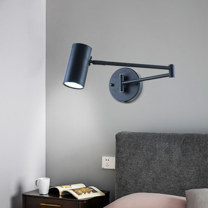 Cylinder Wall Light Minimalist Metallic Single-Bulb Bedside Adjustable Wall Lighting Fixture Black Clearhalo 'Cast Iron' 'Glass' 'Industrial' 'Modern wall lights' 'Modern' 'Tiffany' 'Traditional wall lights' 'Wall Lamps & Sconces' 'Wall Lights' Lighting' 2121520