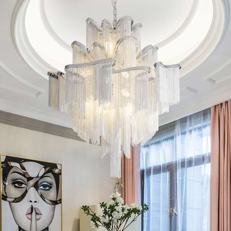 Tiered Chain Aluminum Ceiling Lighting Postmodern Silver Chandelier Light Fixture for Living Room Silver Clearhalo 'Ceiling Lights' 'Chandeliers' 'Modern Chandeliers' 'Modern' Lighting' 2121552