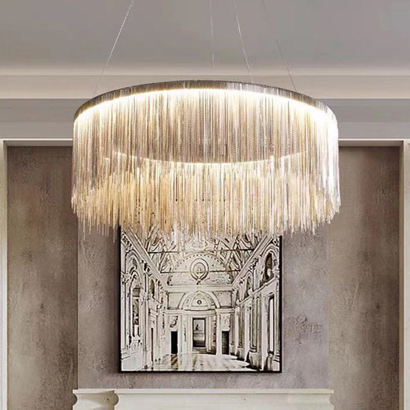 Circular Ceiling Lighting Postmodern Aluminum Chain Living Room LED Chandelier Light Fixture Silver Clearhalo 'Ceiling Lights' 'Chandeliers' 'Modern Chandeliers' 'Modern' Lighting' 2121585