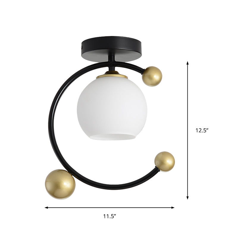 White Glass Sphere Semi Flush Mount Modernist 1 Light Black Semi Flush Mount Light Fixture with Iron Ring, 10