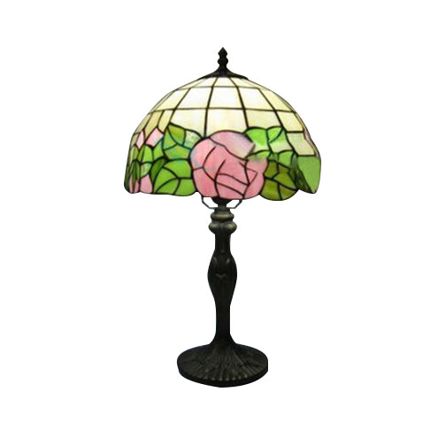 Red/Green Flower Table Lighting with Stained Glass Dome Shade Country Style 1 Light Indoor Lighting Green Clearhalo 'Lamps' 'Table Lamps' Lighting' 21294