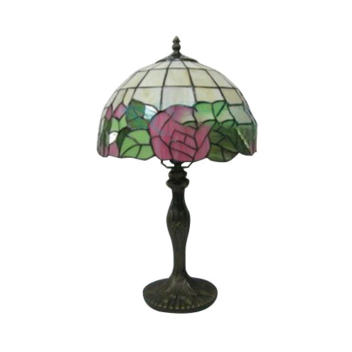 Red/Green Flower Table Lighting with Stained Glass Dome Shade Country Style 1 Light Indoor Lighting Clearhalo 'Lamps' 'Table Lamps' Lighting' 21295