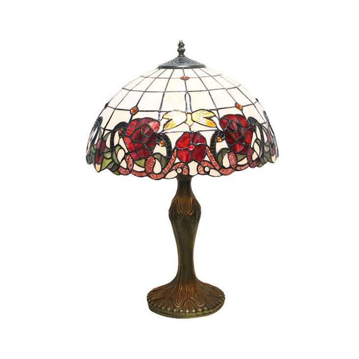 Red/Green Flower Table Lighting with Stained Glass Dome Shade Country Style 1 Light Indoor Lighting Red Clearhalo 'Lamps' 'Table Lamps' Lighting' 21296