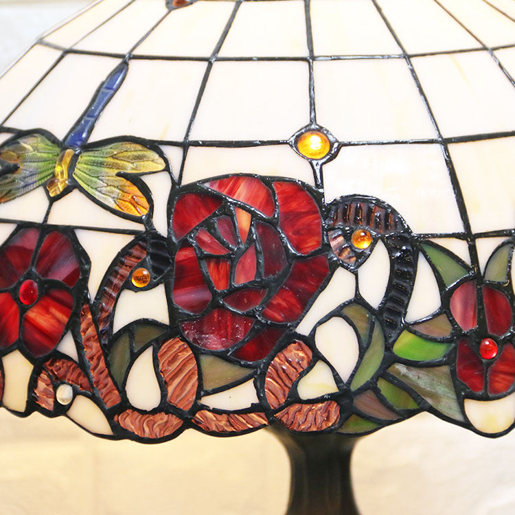 Red/Green Flower Table Lighting with Stained Glass Dome Shade Country Style 1 Light Indoor Lighting Clearhalo 'Lamps' 'Table Lamps' Lighting' 21298