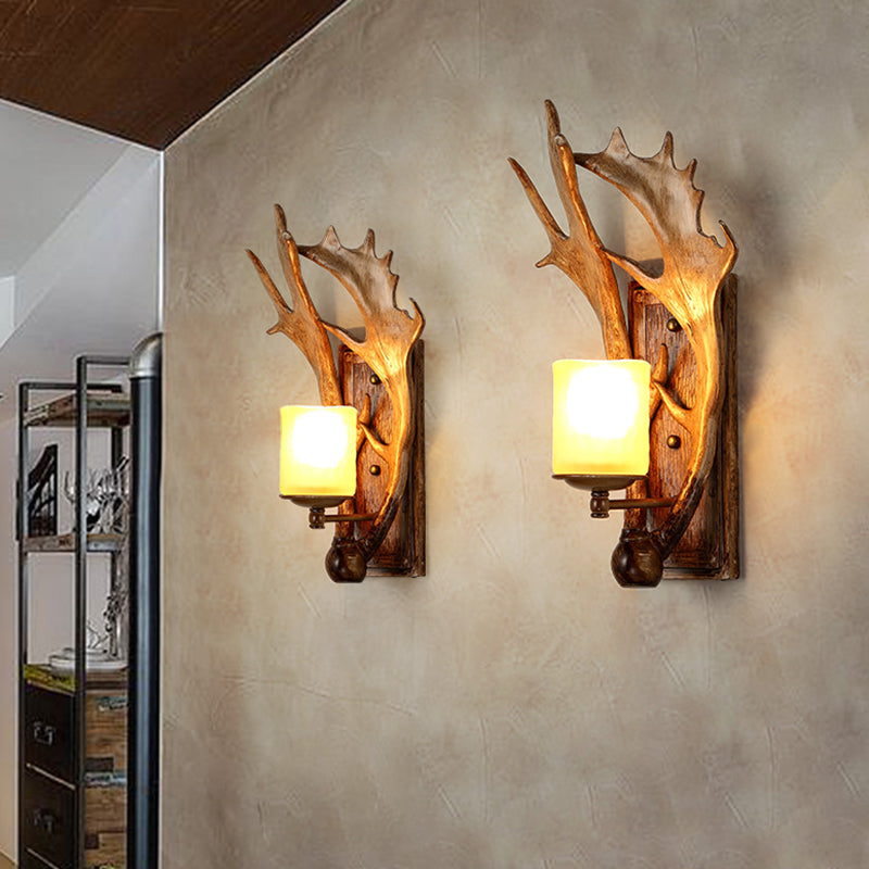 Traditional Cup Wall Mount Light Single Beige Glass Wall Light Fixture with Antler Decor in Brown Clearhalo 'Wall Lamps & Sconces' 'Wall Lights' Lighting' 2135806