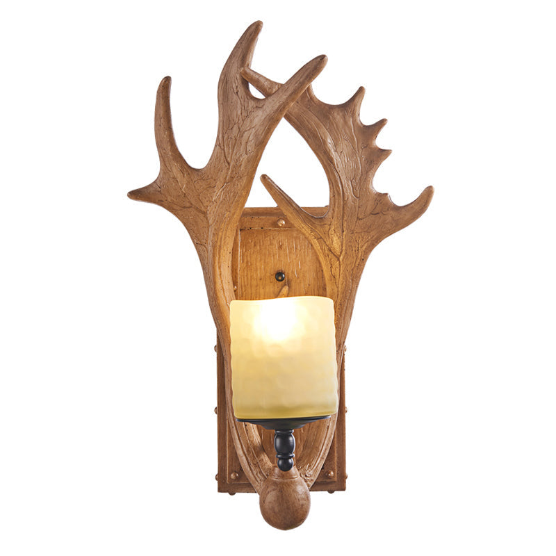 Deer Horn Resin Wall Light Vintage Restaurant Wall Mounted Lamp with Cylinder Beige Glass Shade in Brown Clearhalo 'Wall Lamps & Sconces' 'Wall Lights' Lighting' 2135812