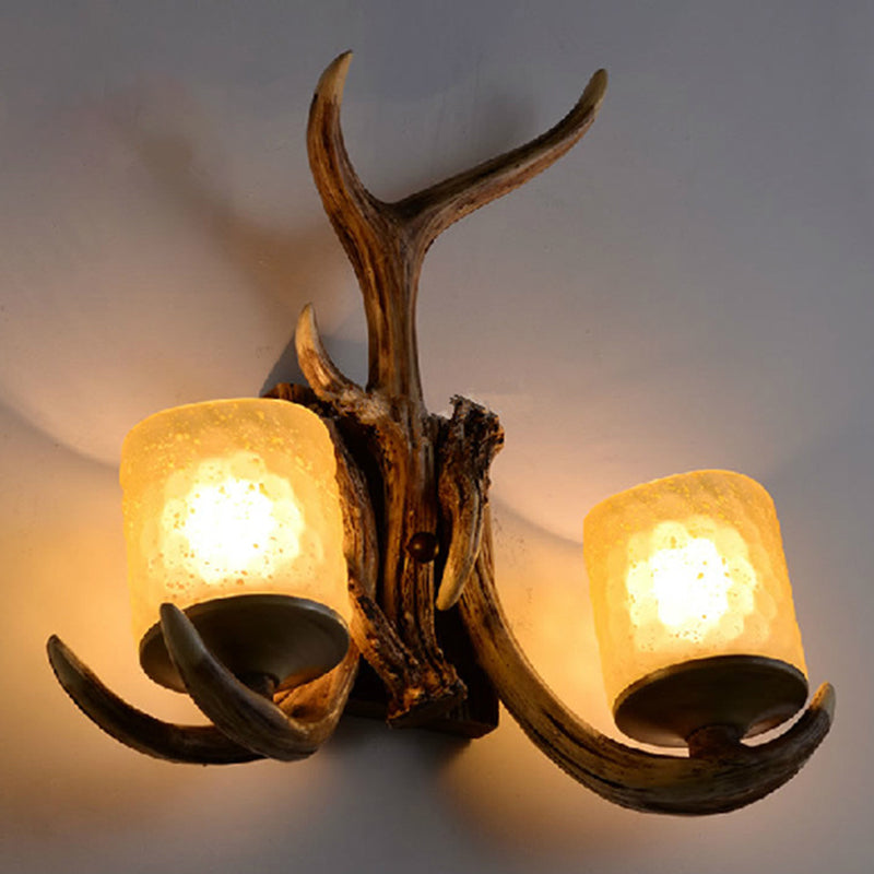 Brown Cylinder Wall Lamp Rustic Frost Glass 2 Bulbs Living Room Wall Light Fixture with Decorative Antler Clearhalo 'Wall Lamps & Sconces' 'Wall Lights' Lighting' 2135824